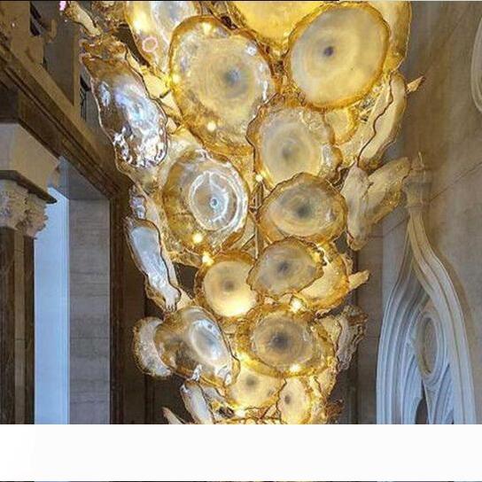 

Golden Luxury Expensive Hand Blown Glass Art Lighting Fixture Flower Murano Hanging Plates Chandelier for Hotel Villa Stars Decor
