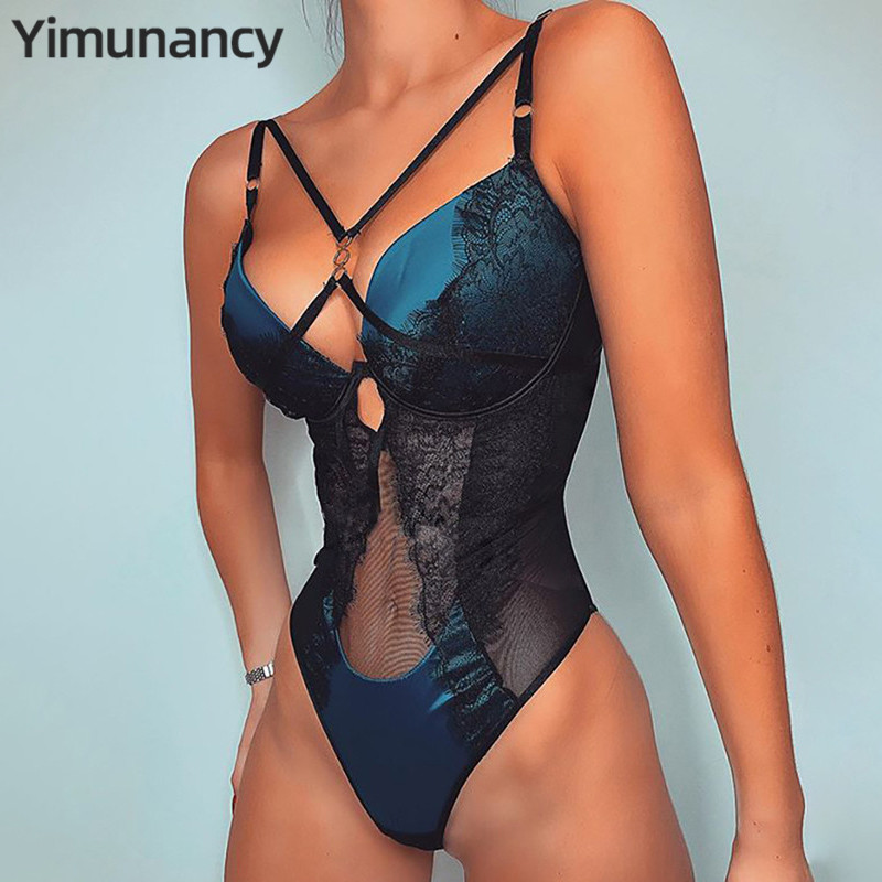 

Yimunancy Lace Bodysuit Women Bandage Patchwork Mesh Bodysuit 2020 Summer Ladies Sexy Teddies Summer Overalls, Blue
