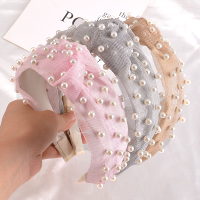

Summer Bohemian Candy Color Soft Net Knot Wide Hairband with Pearl Knotted Hair Loop Women Hairband Fashion Headwear