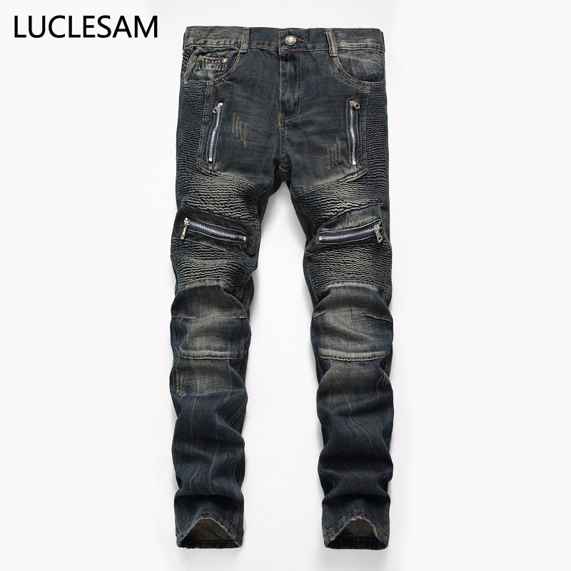 

Brand Designer Biker Jeans Men Streetwear Hip Hop Folds Moto Denim Pants Trousers Casual Slim Zipper Straight Los Hombres Jeans, As pic