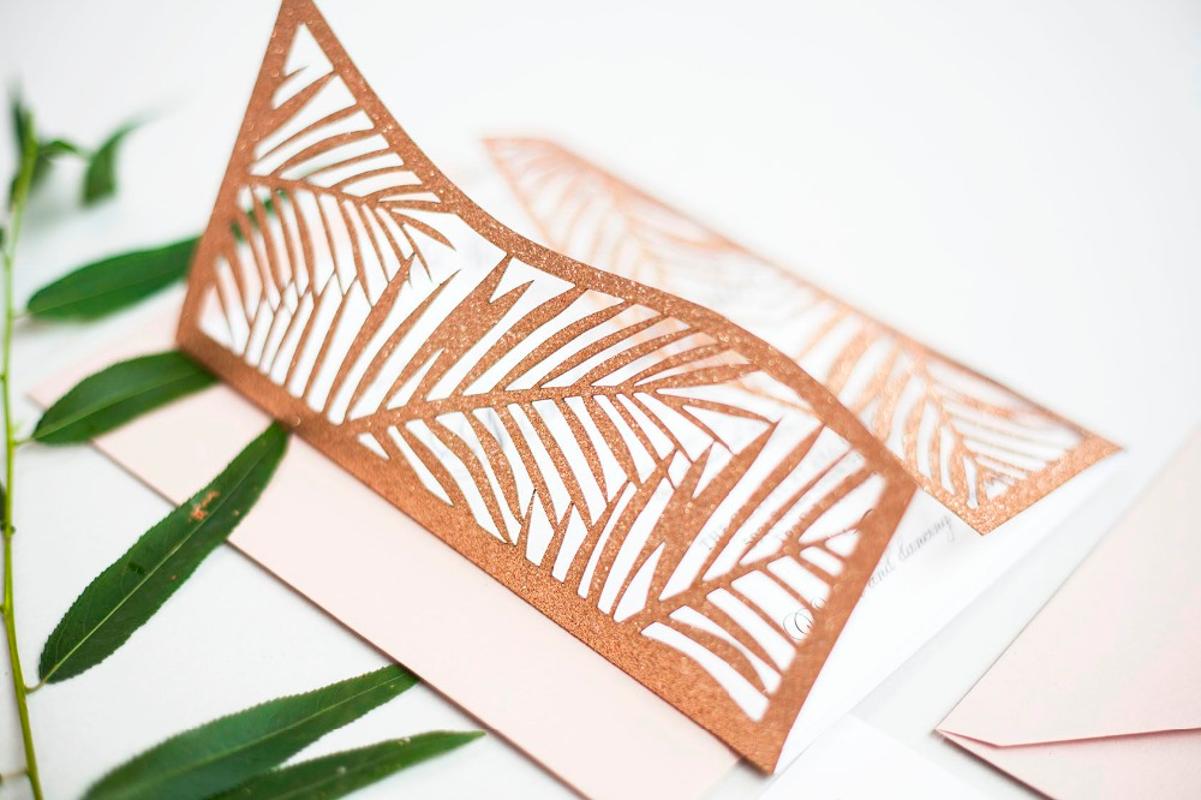 

Customized Rose Gold tropical Laser Cut Wedding Invitation,palm tree style invitations, personalized printed folded cards