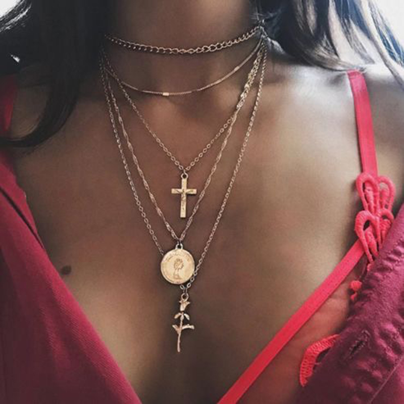 

Multilayers Gold Chain with Cross Rose Flower Coin Pendant Necklace Bohemian Jewelry for Women Love Gift