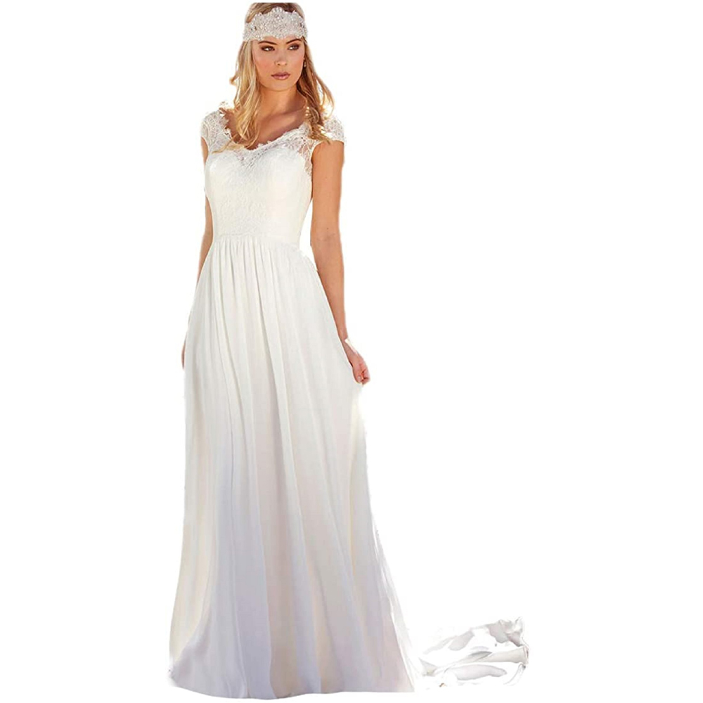 

Chiffon Bohemian Bridal Wedding Dress Lace Short Cap Sleeve Summer Beach Wedding Gowns V Neck Low Back Boho robes de mariée, White