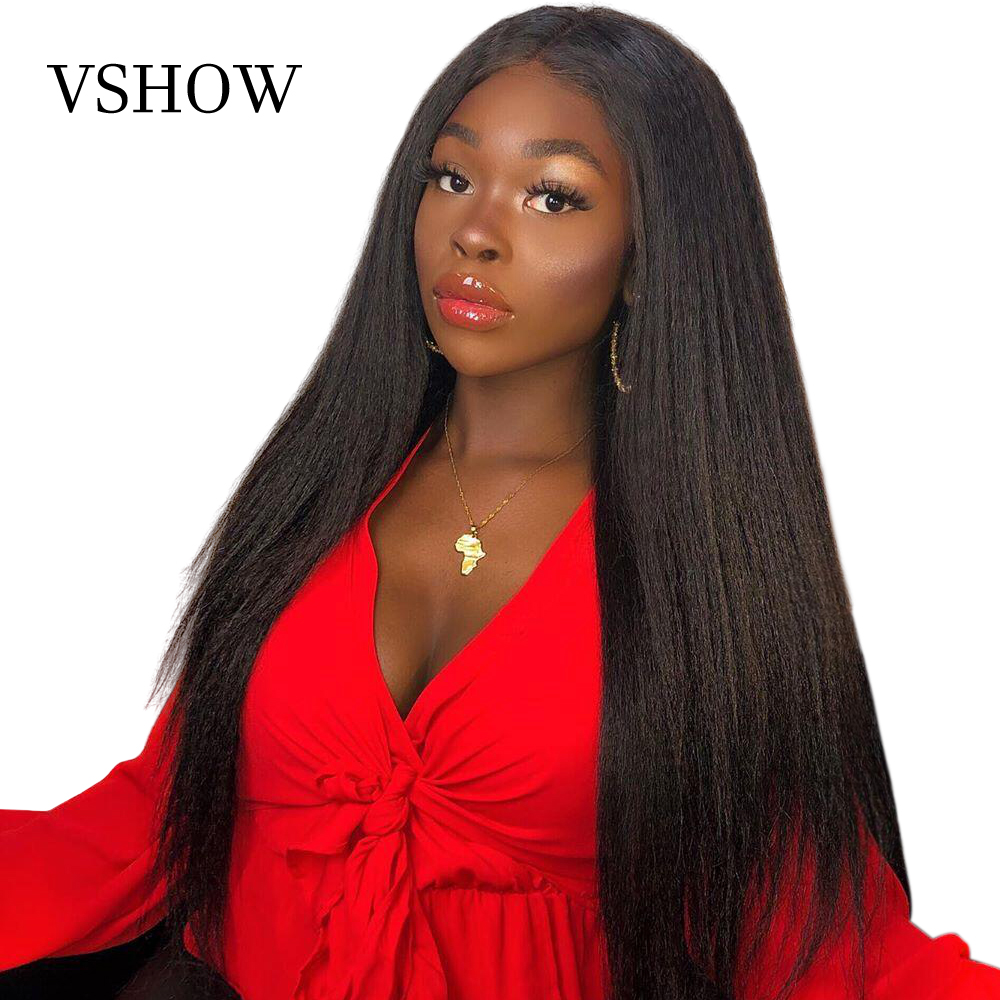 

Kinky Straight Wig HD Transparent Lace Frontal Wig Pre Plucked Brazilian 13x6 Glueless Lace Front Yaki Human Hair Wigs For Women, Natural color