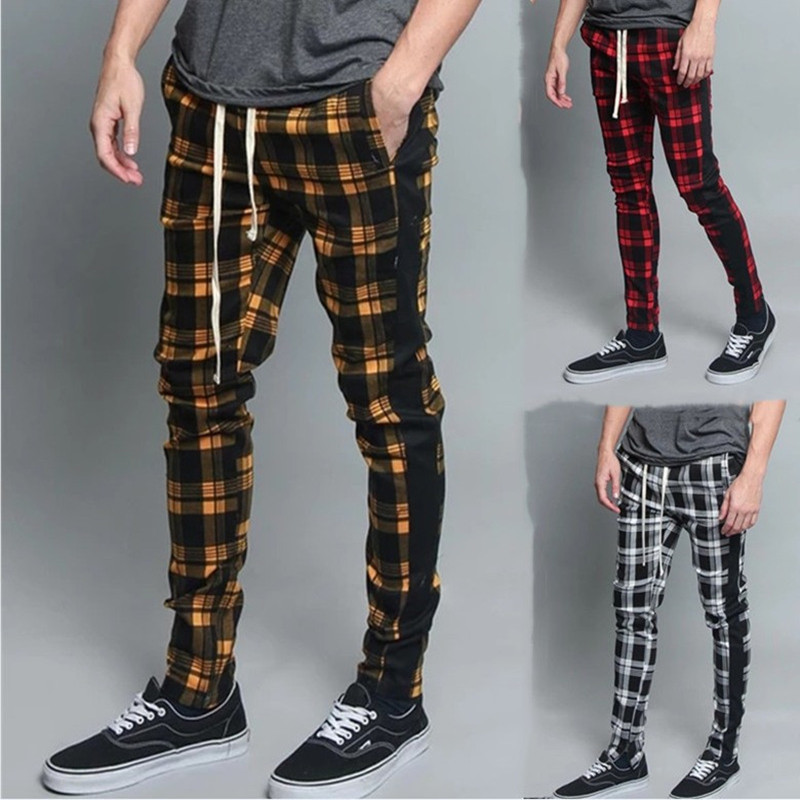 

Fashion Men Casual Plaid Print Drawstring Elastic Waist Long Pants Trousers pantalon homme men trousers mens pants fashions, Red