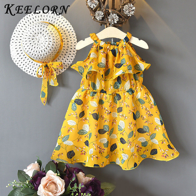 

Keelorn Children Dresses Kids Girl Sleeveless Flower Print Cotton Linen floral Dress Baby Girl Spring Summer dresses for girls, Ax1196 yellow