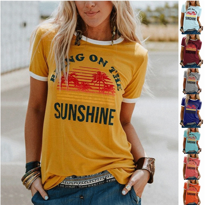 

Summer New Casual O-Neck T-shirt Women Bring On The Sunshine Printed Short Sleeve Tops Tee Plus Size Harajuku Female t shirt, Sapphire