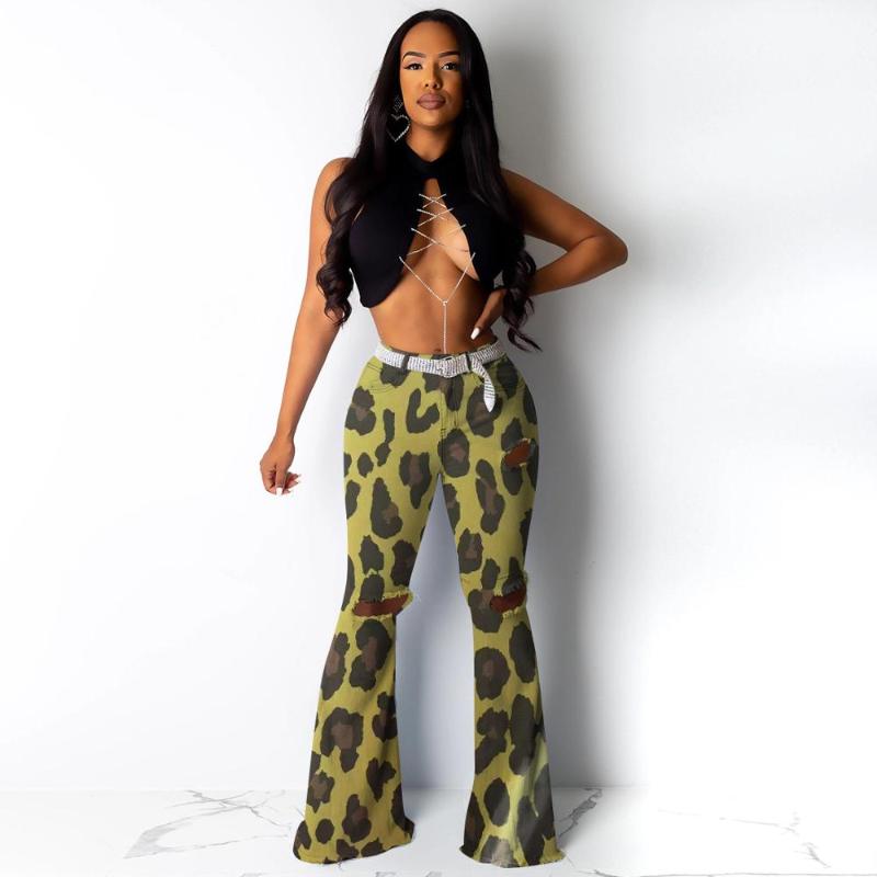 

Echoine High Waist Leopard Camo Ripped Jeans For Women Bodycon Plus size Wide Leg Flare Pants broeken woman Skinny Trousers, Wide leg pants