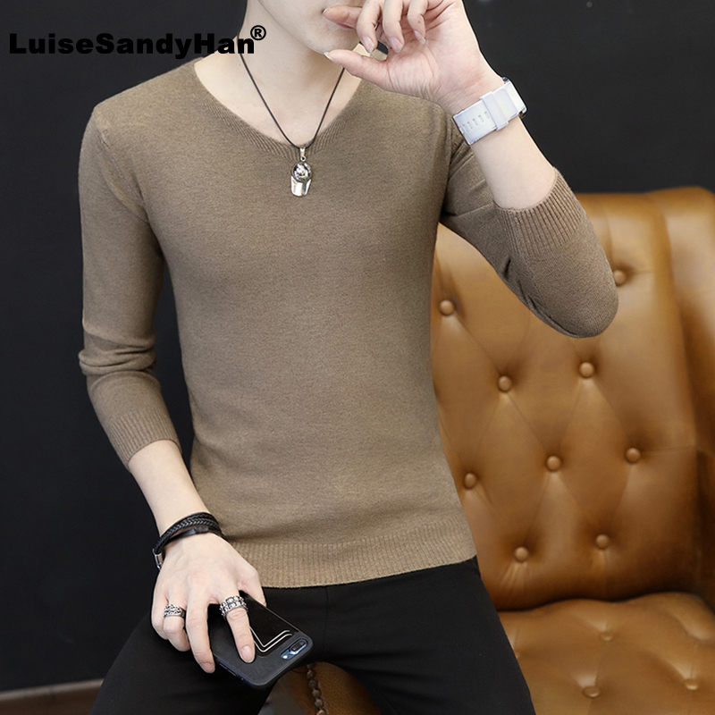 

V-neck Slim Solid Color Knitted Sweater Man Long-sleeved Thin Section Simple Undecorated Bottoming Sweater Man Pullover Spring, Black