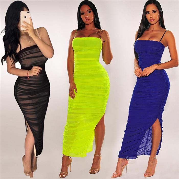 

Split Bodycon Dresses Ladies Casual Clothes Mesh Perspective Spaghetti Strap Dress Women Sexy Chest Wrap