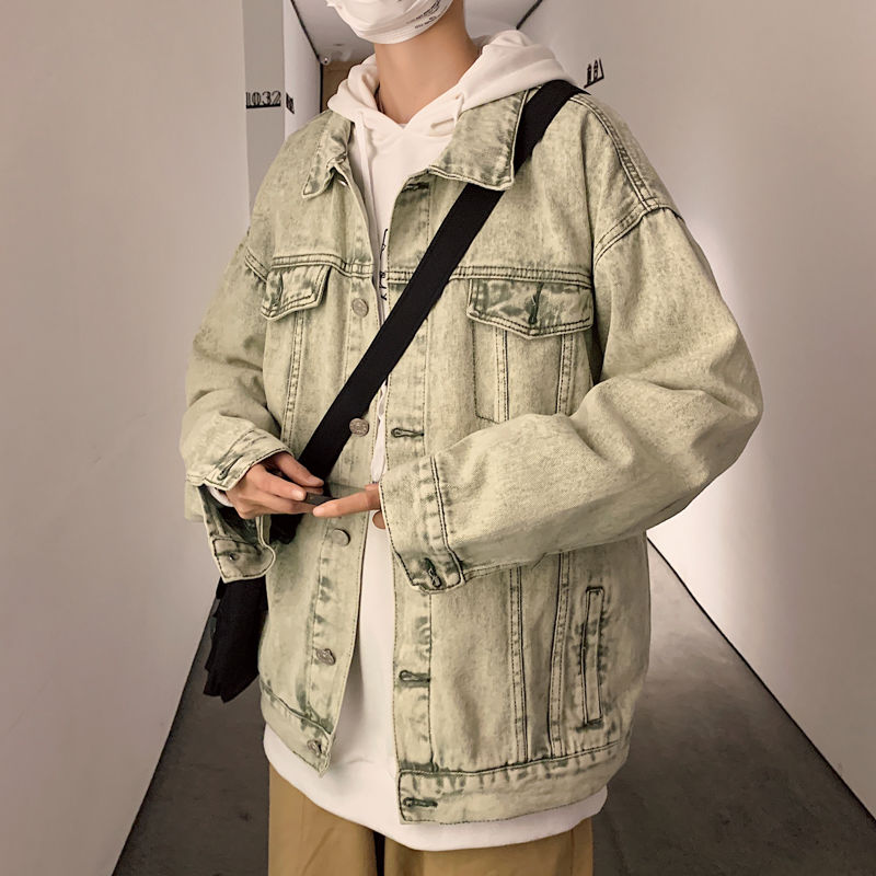 

Autumn Cotton Denim Jacket Men's Fashion Solid Color Retro Casual Denim Jackets Mens Streetwear Loose Hip Hop Bomber Jacket Men, Light green