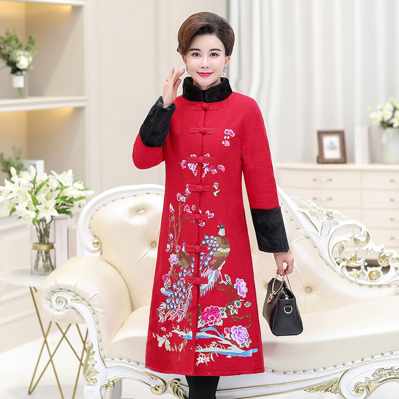 

Plus Velvet Embroidered Cotton Coat Female Mother Winter Long Large Size Stand Collar Coat Single-Breasted Ethnic L784, Black
