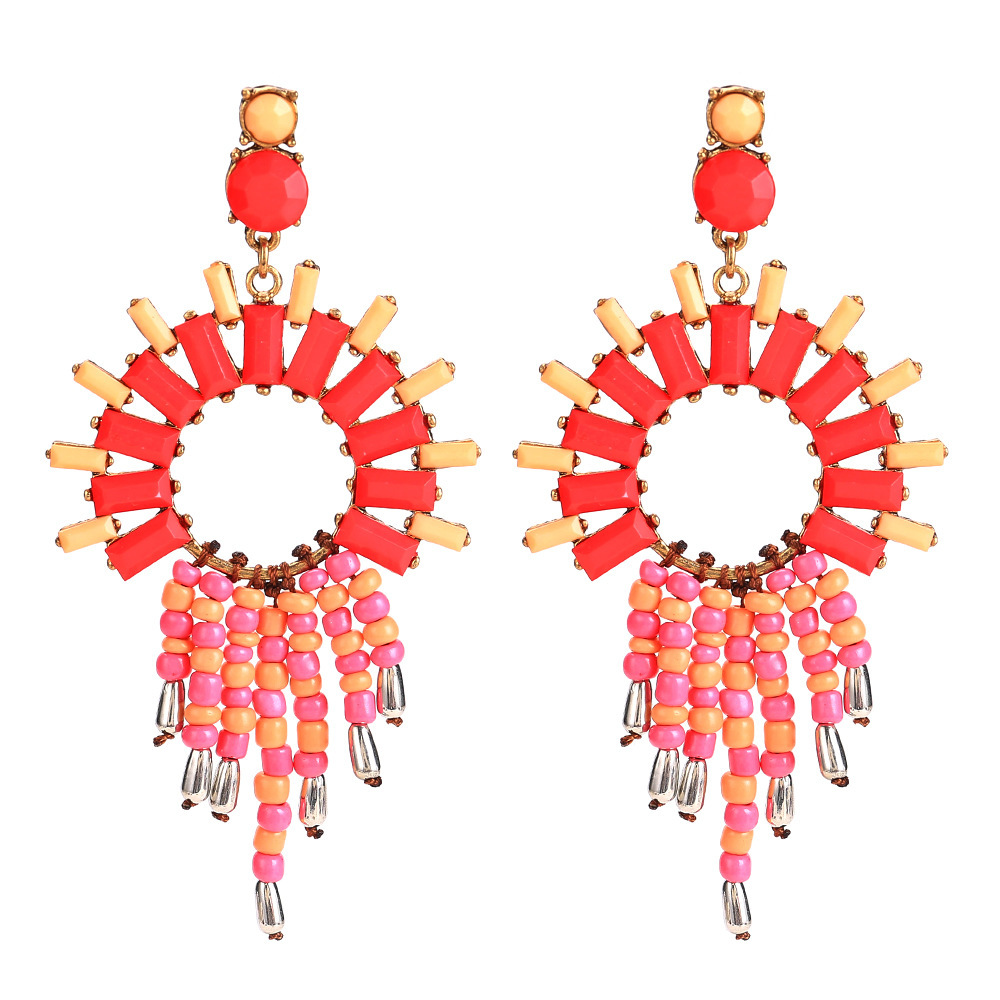 

EH7481 exaggerated fan type rice beads tassel resin earrings long new women's fashion autumn style