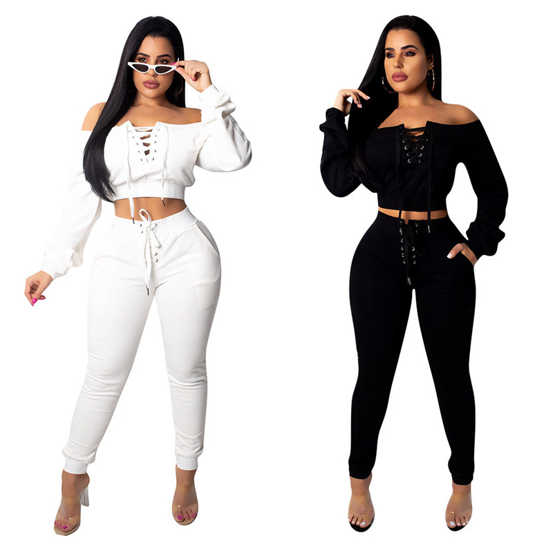 

Wholesale Dropshpping Women Two Piece Sets Solid Color Loose Casual Sexy Elastic High Quality Match Suit Party Nightclub Street, White