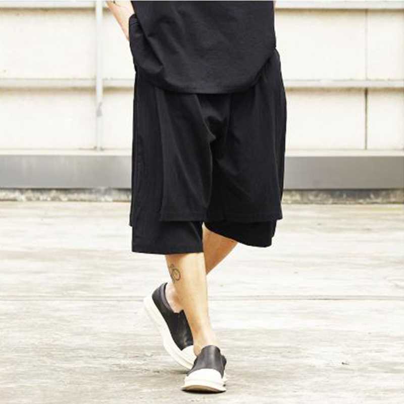 

Men Streetwear Hip Hop Punk Gothic Loose Casual Cotton Linen Pants Male Double-layer Splice Kimono Pant Summer Skirt Trousers, Black