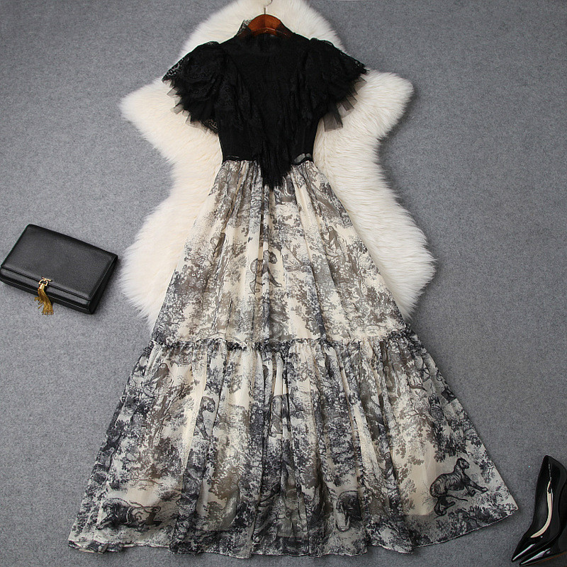 

2020 Summer Elegant Black Sleeveless Crew Neck Animal Print Lace Panelled Ruffle Long Maxi Dress Casual Dresses M15T9591, Multi
