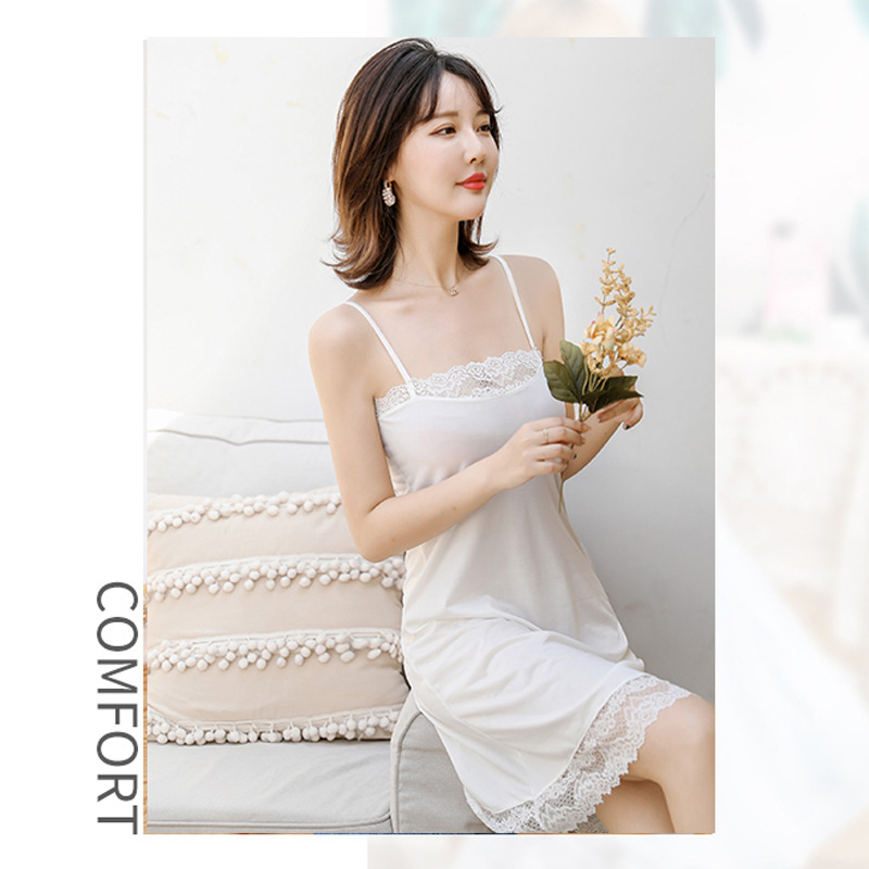 

Sexy milk silk suspender underskirt women deep chest lace full slip dress slim transparent underdress bottoming skirt nightdress, Black
