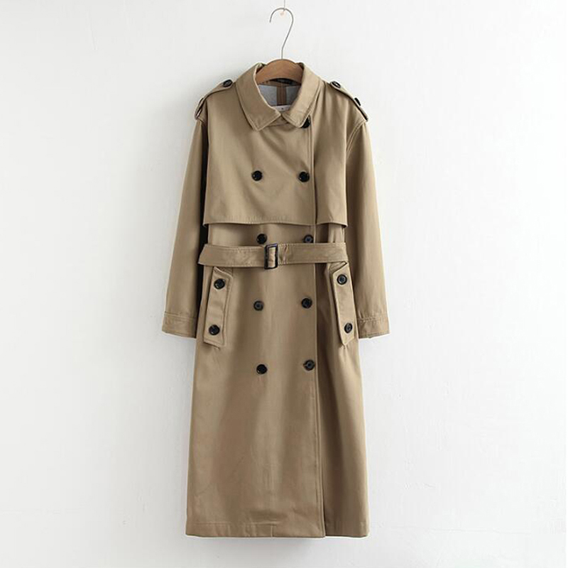

Women Casual Solid Color Double Breasted Outwear Sashes Office Coat Chic Epaulet Design Long Trench Autumn Collection, Beige