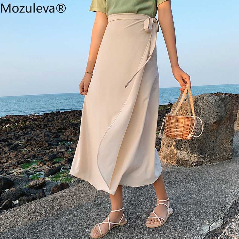 

Mozuleva 2020 Spring Summer Vintage Midi One Piece Skirts Women Loose Solid High Waist Lace Up Chiffon Skirts Female 11 Colors, Beige
