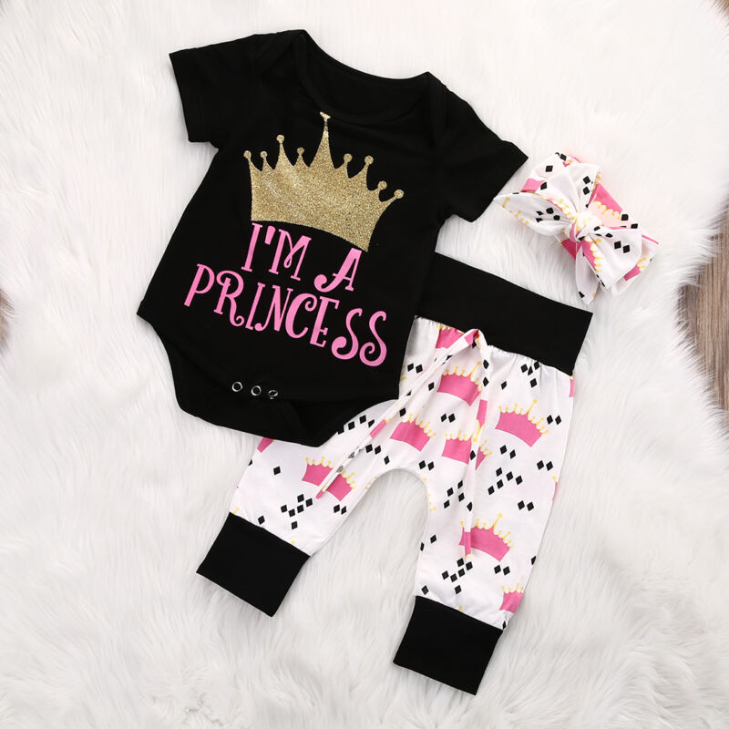 

New Infant Baby Girls Crown Tops Bodysuits Pants Leggings Headband 3pcs Cute Clothing Baby Girl Outfits Set, As pic
