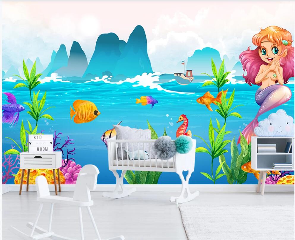 

3d wallpaper custom photo mural Cute cartoon mermaid in the underwater world home decor 3d wall murals wallpaper for living room, Non-woven