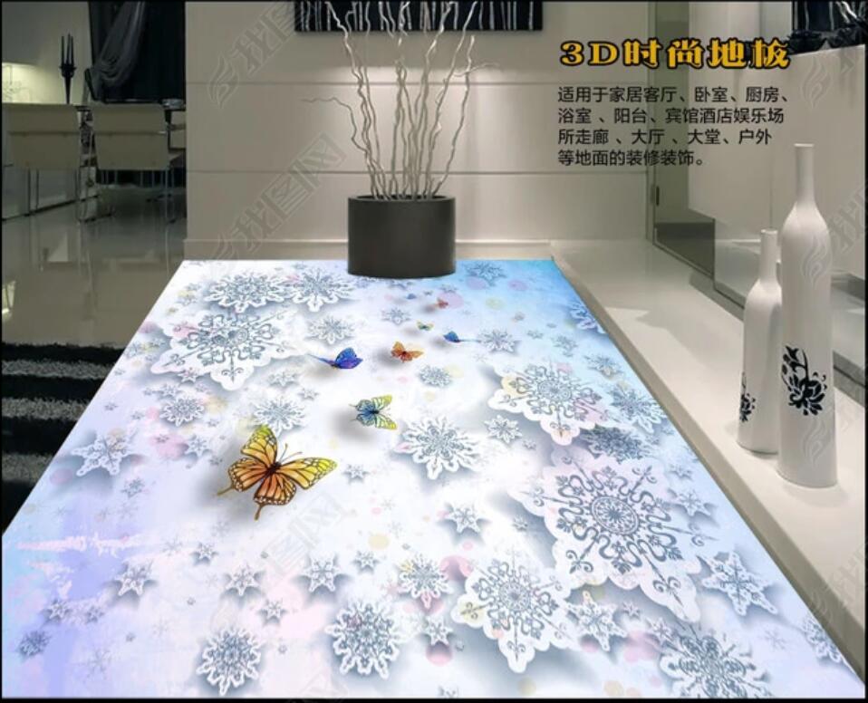 

3d pvc flooring custom photo Snowflake Butterflies Flying 3D Fashion Floor Self-adhesive Decoration wall sticker 3d wall murals wallpaper, Picture shows