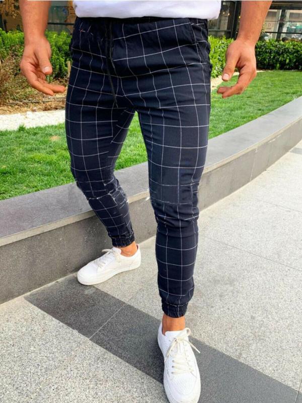

Spring Fashion Men's Casual High Waist Elastic Slim Fit Trousers Casual Plaid Stretch Pencil Pants With Pockets Sweatpants, Black