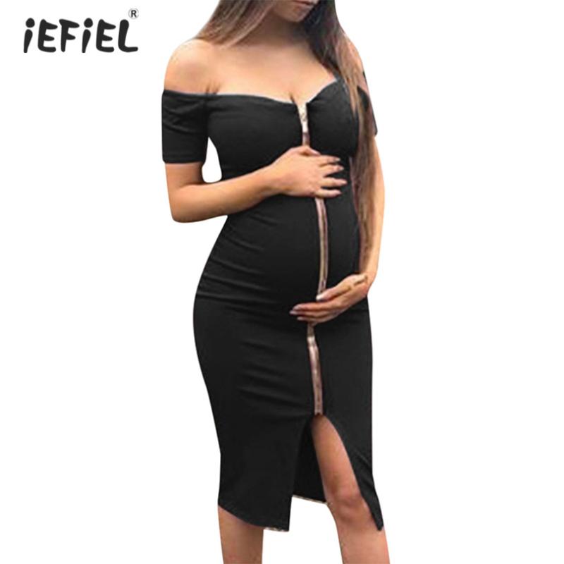 

Fashion Casual Maternity Clothes Pregnant Dresses Womens Solid Color Off Shoulder Short Sleeves Bodycon Dress Summer Party Dress, Black