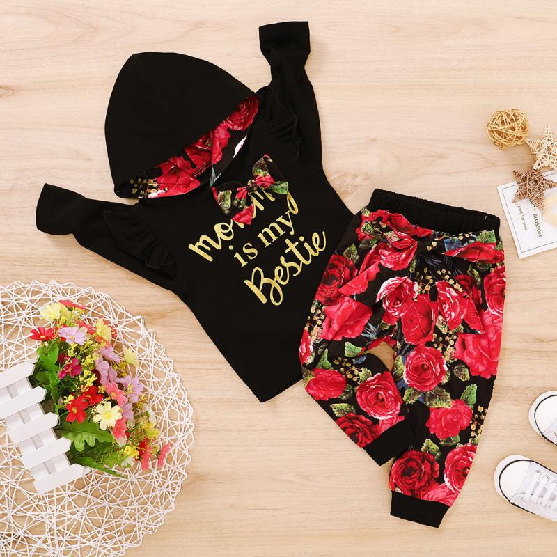 

Autumn Rose Print Baby Girls Clothes 2Pcs Set 2020 Winter Long Sleeve Kids Clothes For Girls Ruffle Black Hoodies+Pants D30, Red