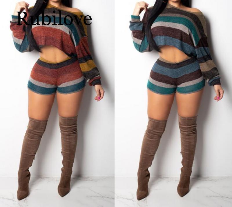 

Sexy Knitted Two Piece Set Women Clothes Crop Tops+Shorts Suits Autumn Outfits Casual Stripe Sweater 2 Piece Matching Sets, Blue