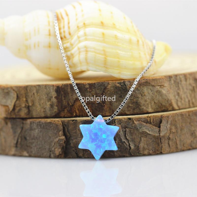 

1pc/lot)OP06 Light Blue Star Opal Necklace 10mm David Star Necklace 925 sterling silver david of opal