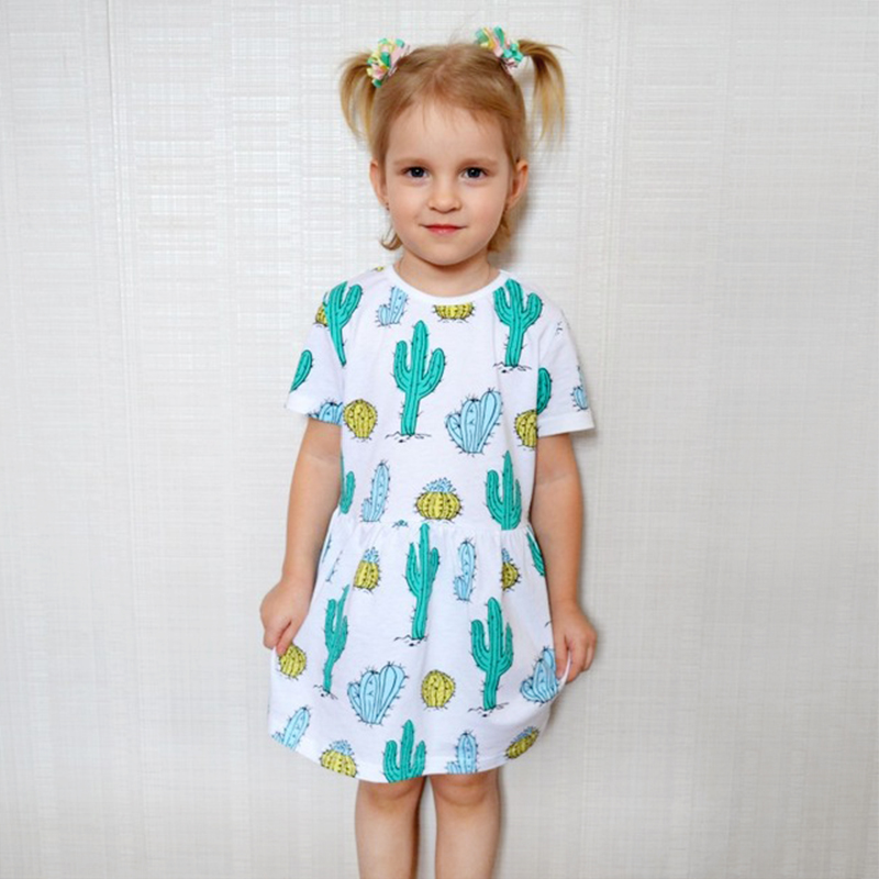 

the summer princess Cactus Printing cartoon 100%cotton dress for girls kindergarten baby casual short-sleeved dress kids clothes, White