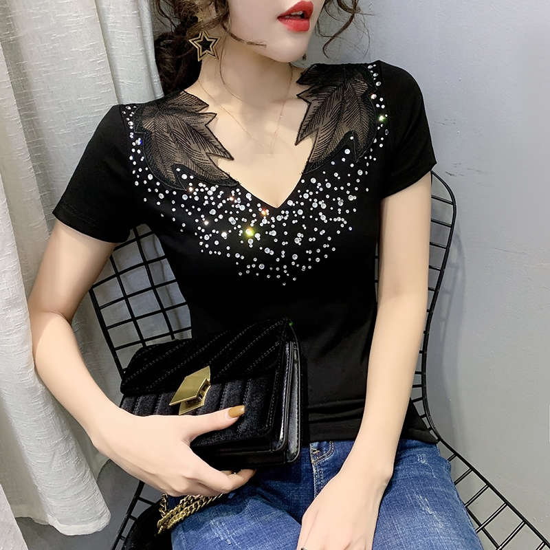 

Summer Fashion Korean Clothes Sexy Embroidery Diamonds T-shirt Women Tops Cotton Ropa Mujer Bottoming Shirt Tees 2020 New T03801, Black tshirt