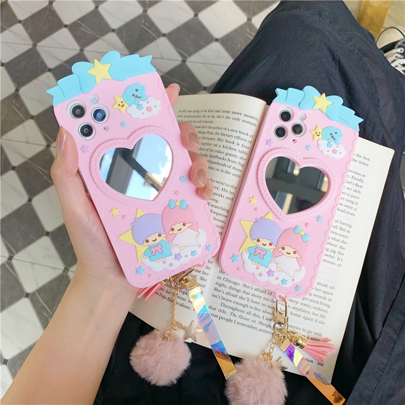 

Cute Cartoon Gemini Princess mirror With fur ball Phone CaseFor iPhone 7 8 Plus X XR XS 11pro MAX Soft silicone cover coque, As picture