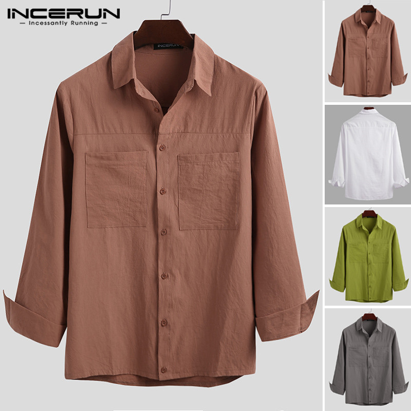 

Mens Solid Color Pockets Camisa Fashion Long Sleeve Lapel Shirts Vintage Cotton Blusas Loose Buttons Chemise Streetwear INCERUN, Green