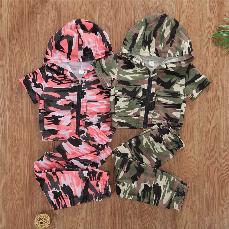 

2020 New Sports Children's Clothing Suit Camouflage Printed Hooded Zipper Top Short Sleeve + Printed Trousers Fashion Suit, Green