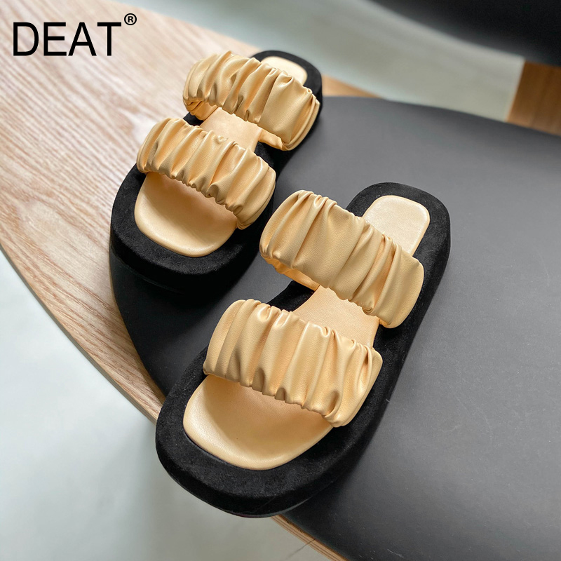 

DEAT] 2020 New Spring Summer Square Toe Shallow Pu Leather Pleated Casual Platform Slippers Women Shoes Fashion Tide 10I712, Black