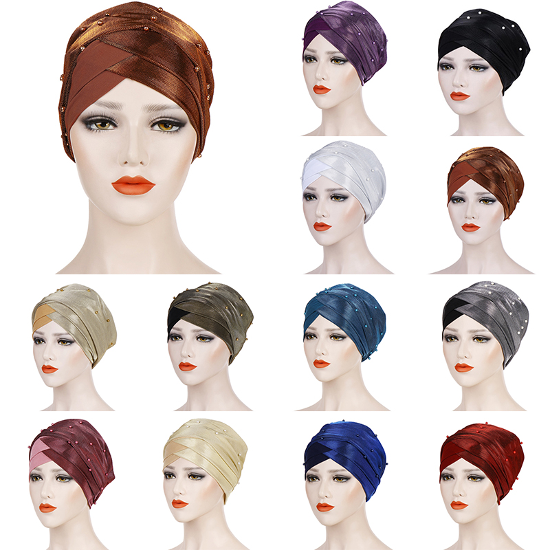 

New Women Muslim Hijab Beads Bonnet Turban Hat Inner Hijab Caps Female Cross Headband Headwrap Women Muslim Hijab Scarf, Pls remark