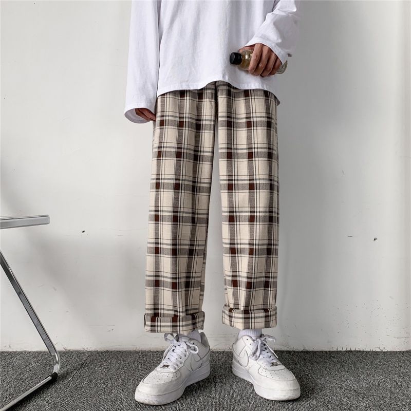 

Autumn Plaid Pants Men' Fashion Retro Casual Pants Men Streetwear Loose Hip-hop Loose Drawstring Straight Men Trousers, Khaki