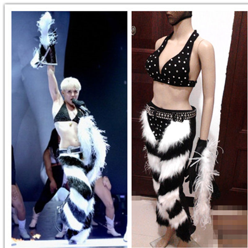 

fur stitching performance costume 3-piece bar DS GOGO dance outfit singer stage performance bikini pants ostrich feather sleeves, Photo color