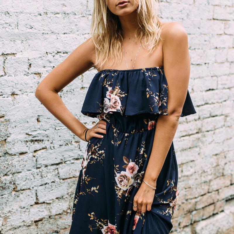

Boho Summer Floral Long Maxi Dress Women Sexy Halter strapless Straps Evening Party Dress woman vintage Holiday Wear Sundress#3, Navy blue