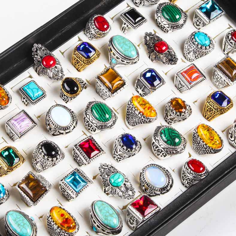 

50pcs/lot nature stone Tibetan Silver Golden rings men vintage alloy couple turquoise hombre jewelry rings women wholesale lots