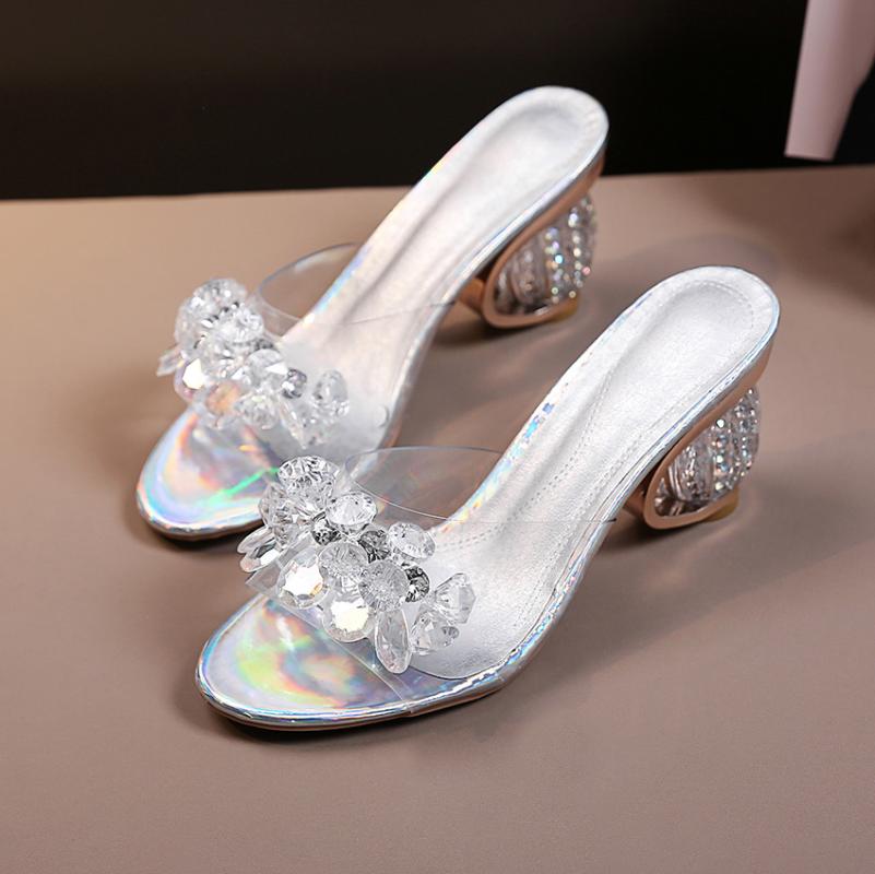 

2020 New PVC Jelly Sandals Women Crystal Peep Toe High Heels shoes Crystal Transparent Heel Sandals Slippers Pumps Women Shoes, Silver