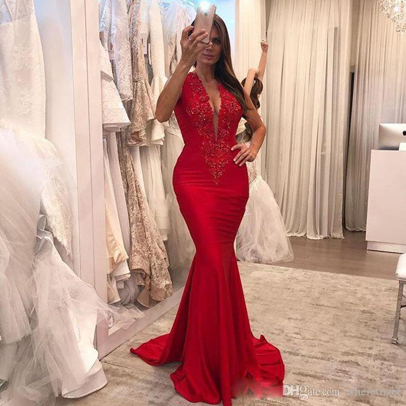 

2020 Amazing Red Mermaid Evening Dresses Appliques with Sequined Special Occasion Dress Sweep Train Satin Formal Evening Gowns, Hunter green
