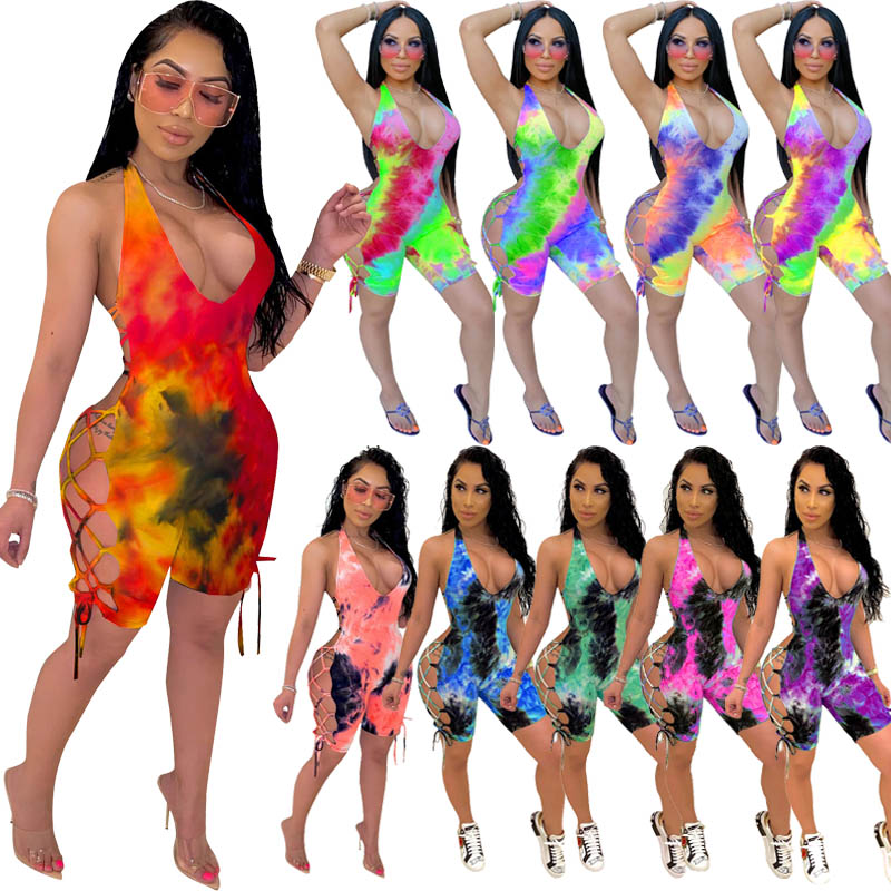 

womens sexy Jumpsuit summer sleeveless backless Halter tie-dye print Bandage hollow out Rompers bodysuit overalls party nightclub clothing, Leave a message