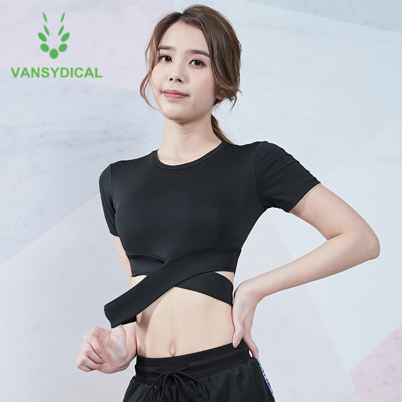

Vansydical 2020 Sports Workout Yoga Cropped Tops Women Slim Gym Yoga Shirts Cross Bottom Fitness Running Short Sleeve Sportswear, Fbf20299
