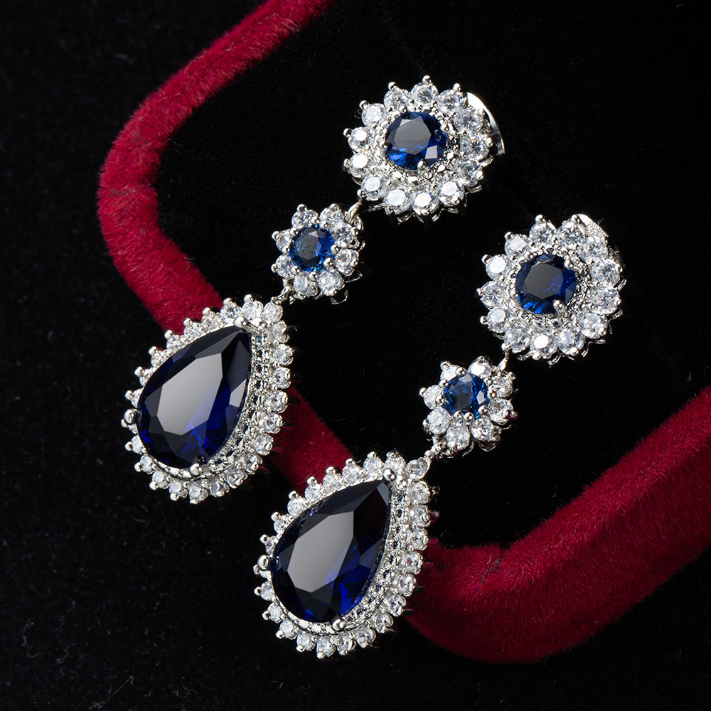 

High-End Cross-Border New Earrings Plated Platinum Sapphire Blue Zircon Jewelry Sapphire Long Earrings Female Earrings
