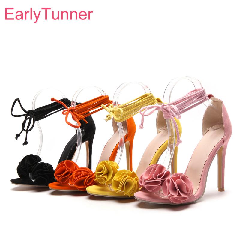 

Brand New Sexy Orange Yellow Women Sandals Gladiator High Heels Lace Up Lady Floral Shoes EH12 Plus Big Size 10 43 45 49 52, Black