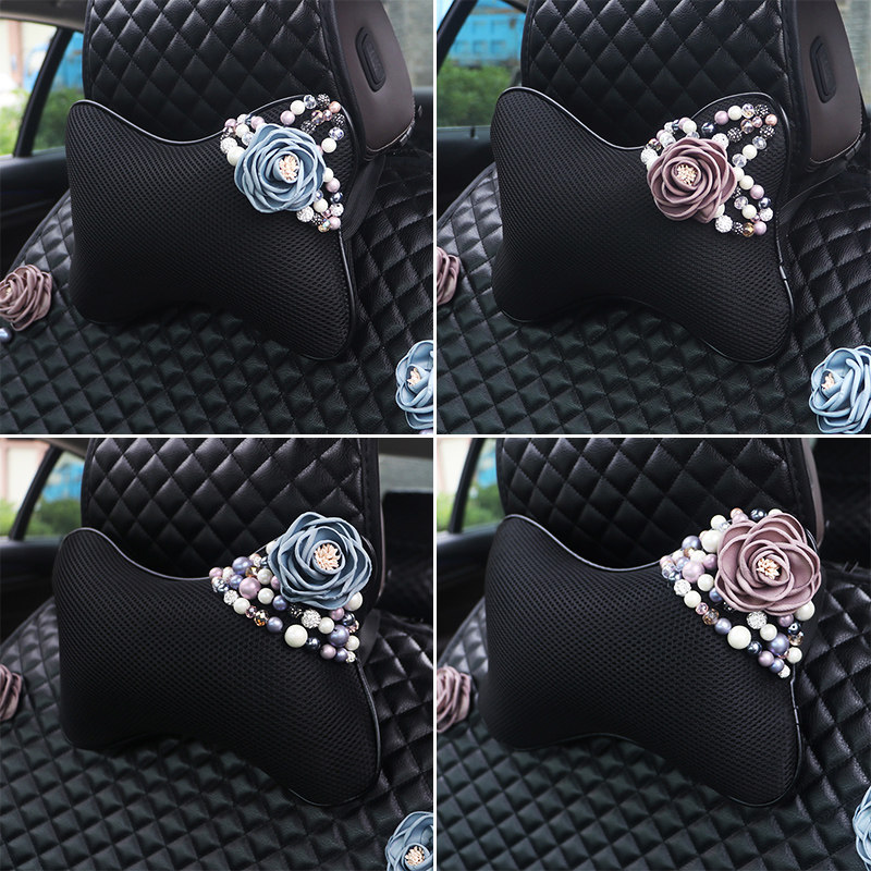 

Hot Rhinestone Pearls Flower Car Headrest Pillow Ice Silk Neck Waist Supports Cushion For Girls Auto Seat Cover Accessories