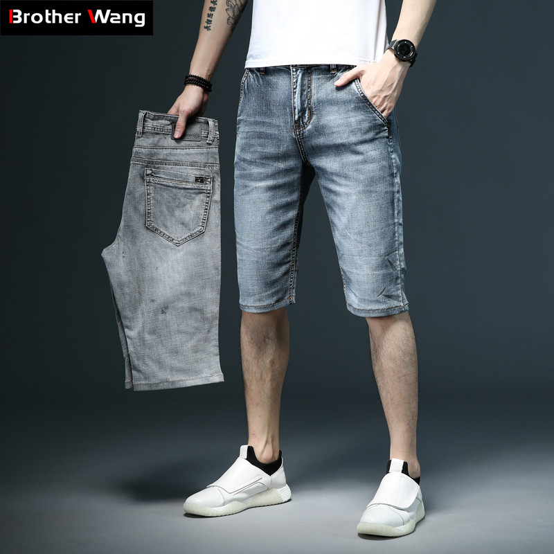 

2020 Summer New Men's Slim Fit Short Jeans Fashion Cotton Stretch Vintage Denim Shorts Grey Blue Short Pants Male Brand Clothes, Gray
